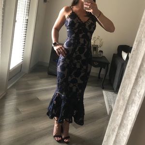 Alluring Dream Navy Blue Floral Mesh Lace Trumpet Midi Dress